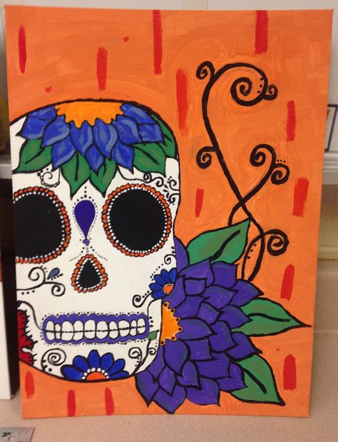 Acrylic sugar skull painting Very simple 💀 Skull Canvas Painting, Sugar Skull Painting, Skull Painting, Orange Background, Halloween Skull, Sugar Skull, Acrylic Painting, Canvas Painting, Orange