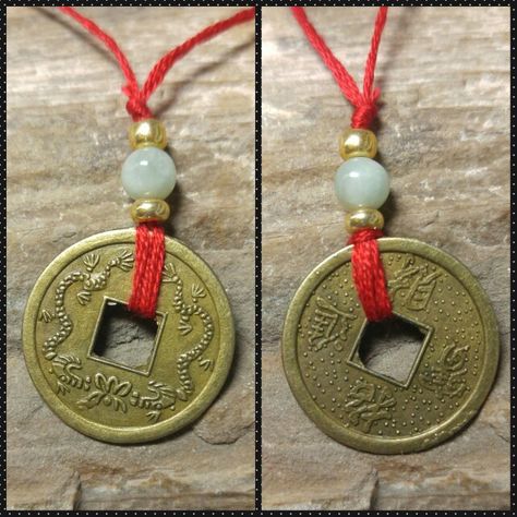 Feng shui coin necklace on red rope with jade and gold beads. Images on front and back of coin. Please let me know what you think! I would like your opinion! Red Rope, Your Opinion, Coin Necklace, Gold Beads, What You Think, Feng Shui, Good Luck, Washer Necklace, You Think