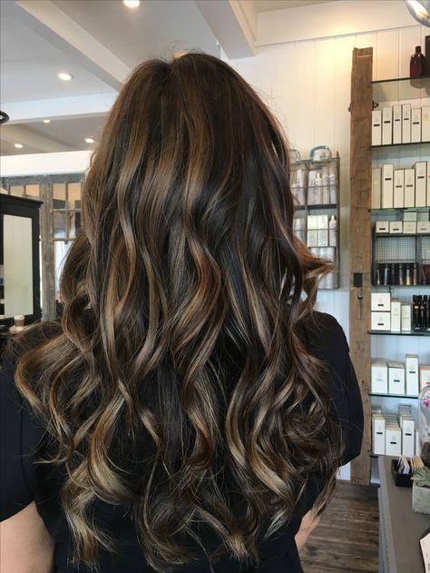 Carmel goddess  Miller and Mane Salon Black And Carmel Hair Ideas, Honey Balayage On Black Hair, Caramel Honey Balayage, Carmal And Brown Highlights, Brunette Carmel Highlight, Hazelnut Balayage, Black Hair Carmel Highlight, Black Hair With Caramel Highlights, Carmal Brownie Hair