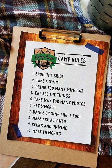 The camp rules at this camp themed bachelorette are awesome! See more party ideas and share yours at  CatchMyparty.com #catchmyparty #partyideas #bachelorette #camp  #summercamp #rustic #camprules #campingactivities Bachelorette Party Lake, Glamping Bachelorette Party, Camping Bachelorette Party, Camping Bachelorette, Ty Dye, Themed Bachelorette Party, Summer Camp Wedding, Bachelorette Party Weekend, Camp Rock