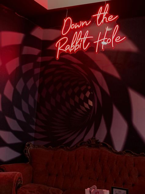 Down The Rabbit Hole Sign, Dark Wonderland Aesthetic, Alice In Wonderland Aesthetic Room, Spooky Alice In Wonderland, Alice Rabbit Hole, Alice In Wonderland Rabbit Hole, Abandoned Carnival, Neon Wonderland, Big Rabbit