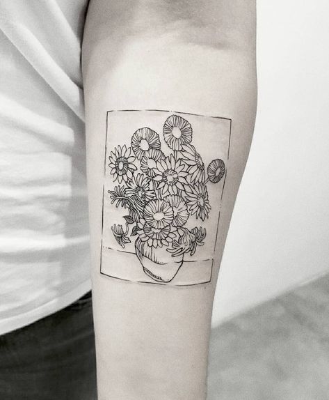 eddiegomezink shared a photo on Instagram: “Recriamos os girassóis de Van Gogh em traços minimalistas pra querida da Isabelli! 😍  Gente,…” • See 192 photos and videos on their profile. Van Gogh Tatuaje, Shakespeare Tattoo, Van Gogh Tattoo, Chaos Tattoo, Art Inspired Tattoos, Nouveau Tattoo, History Tattoos, Line Art Tattoos, Matching Tattoo