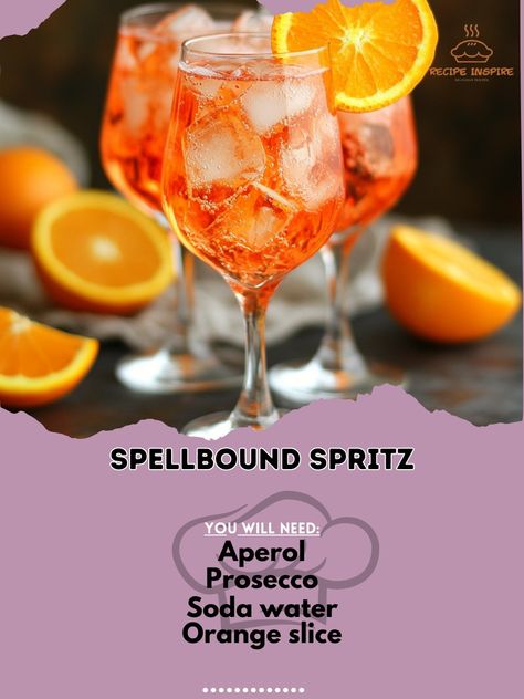 Unleash your magic with this enchanting and refreshing Spellbound Spritz! Perfect for spooky gatherings! 🥂✨ #SpellboundSpritz Spellbound Spritz Ingredients: Aperol (3 oz) Prosecco (2 oz) Soda water (1 oz) Orange slice (for garnish) Ice cubes Instructions: Fill a glass with ice cubes. Pour in Aperol, Prosecco, and soda water. Stir gently and garnish with an orange slice. 🍊✨ Refreshing and easy to make, the Spellbound Spritz will enchant your guests with its sparkling flavor! A perfect way ... Orange Slice, Soda Water, Orange Slices, Ice Cubes, Orange, Water, Glass, Quick Saves