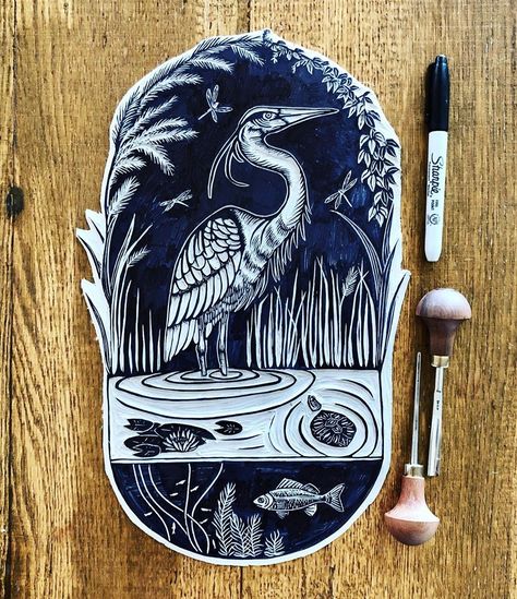 Heron carving is done! Next u Stork Linocut, Block Print Inspiration, Heron Carving, Heron Linocut, Japanese Linocut, Lino Cut Ideas, Linocut Animals, Linoleum Printing, Lino Carving