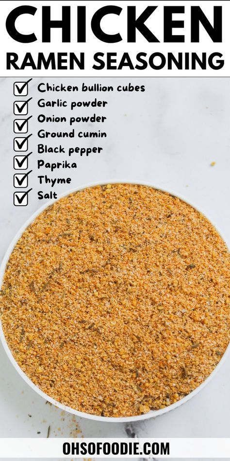 Text reads Chicken ramen seasoning Ramen Noodle Seasoning Recipe, Chicken Ramen Seasoning, Ramen Seasoning Recipe, Easy Chicken Ramen, Homemade Ramen Noodles, Chicken Seasoning Recipes, Ramen Dinner, Ramen Flavors, Ramen Seasoning