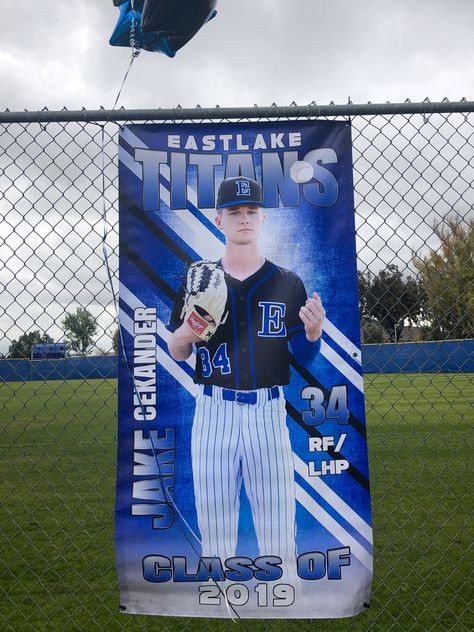 Senior Sport Banners, Baseball Senior Posters, Baseball Senior Banner Poses, Baseball Senior Banners, Senior Baseball Banner Ideas, High School Baseball Senior Night Ideas, Baseball Senior Night Posters, Senior Banner Ideas, Baseball Portraits