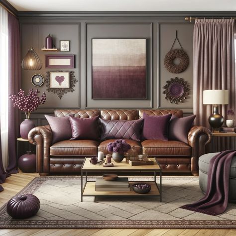 deep plum with brown leather couch Plum Living Room Ideas, Living Room Design Brown, Plum Living Room, Lilac Living Room, Brown Leather Furniture, Brown Sofa Living Room, Furniture Colors, Purple Living Room, Brown Leather Couch