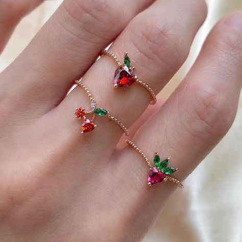 Trendy Adjustable Cherry Jewelry, Cherry Rings, Strawberry Jewelry Aesthetic, Cute Multicolor Fruit Design Jewelry, Cute Cherry-colored Jewelry For Gifts, Finger Jewelry, Earring Piercing, Womens Jewelry Trends, Cherry Strawberry