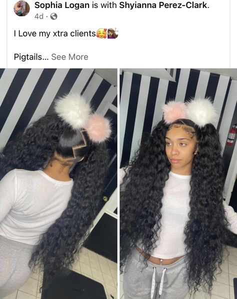 2 Curly Pigtails With Weave, Two High Ponytails With Weave Curly, Weave Hairstyles Two Ponytails, Cute Pigtail Hairstyles For Black Women, Frontal Pigtail Hairstyles, Curly Pig Tails Black Women, High Pigtails Hairstyles For Black Women, Quick Hair Styles With Weave, 2 High Ponytails With Weave