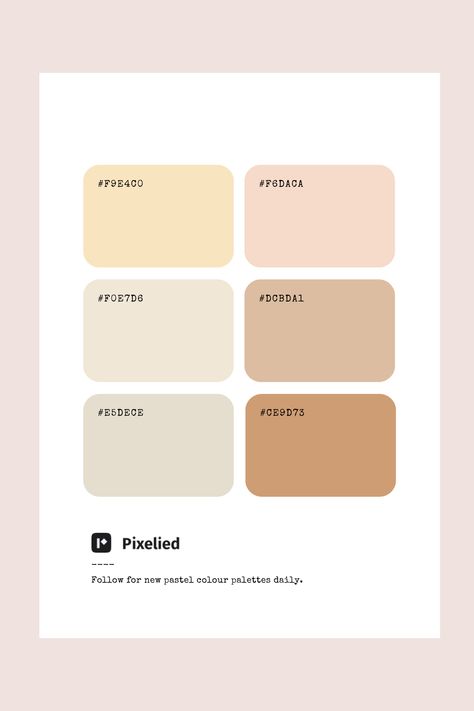 This brown pastel color palette offers a harmonious blend of warm neutrals, ranging from soft cream and beige to muted taupe and tan. These colors create a cozy and inviting atmosphere, ideal for designs that aim for a subtle and sophisticated look. Perfect for illustration, branding, typography, and web UI, this palette adds a touch of warmth and timeless elegance to any project. Bright And Neutral Color Palette, Cozy Pallete Color, Pastel Neutral Color Palette, Elevated Color Palette, Warm Neutral Palette, Cream Beige Color Palette, Warm Muted Color Palette, Beige Color Combinations, Beige Branding