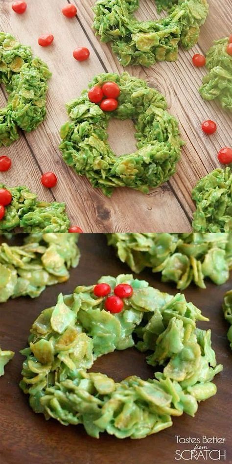 Cornflake Wreaths are one of my favorite easy Christmas treats, made with just a few ingredients including cornflakes, marshmallows and butter. Cornflake Wreaths, Cute Christmas Desserts, Christmas Wreath Cookies, Christmas Treats To Make, Christmas Recipes For Kids, Tastes Better From Scratch, Wreath Cookies, Easy Christmas Treats, Easy Christmas Cookie Recipes