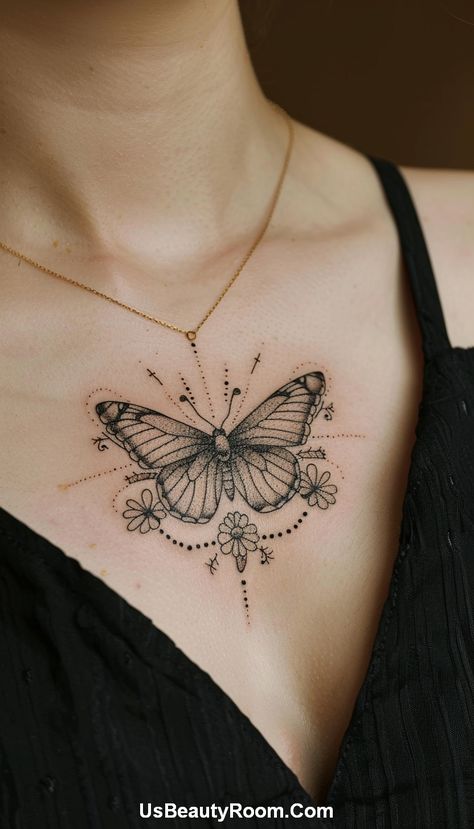 30+ Small Chest Tattoo Ideas for Girls in 2024 Tattoos Chest Female, Butterfly Chest Tattoo, Small Chest Tattoo, Chest Tattoo Female Upper, Tattoos Chest, Chest Tattoo Ideas, Small Chest Tattoos, Stylish Tattoo, Chest Tattoos