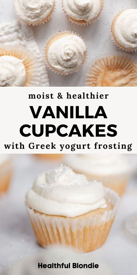 The ultimate healthy vanilla cupcakes with frosting that are easy to make, perfectly sweet, and super moist. Made with oat milk, Greek yogurt, and maple syrup, everyone will love these frosted cupcakes without refined sugar – a perfect healthier dessert for parties! Naturally Sweetened Cupcakes, Yogurt Cupcakes Recipe, Cupcake Healthy Recipe, Low Sugar Cupcakes For Kids, Healthy Cupcake Frosting, Low Cal Cupcakes, Vanilla Cupcakes No Butter, Healthy Vanilla Frosting, Homemade Cupcake Frosting