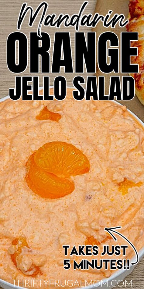 This creamy Mandarin Orange Jello salad is such a fun side dish! It combines cottage cheese, juicy mandarin oranges, Jello and real whipped cream for delicious quick and easy favorite. #thriftyfrugalmom #cottagecheese #orangejello #jellosalad #sidedish Mandarin Orange Jello, Mandarin Orange Jello Salad, Orange Jello Salad, Jello Deserts, Real Whipped Cream, Jello Fruit Salads, Orange Jello Salads, Orange Salad Recipes, Jello With Fruit