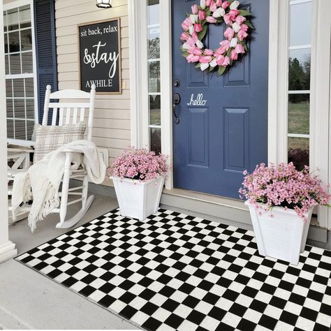 Porch Door Decor, Layered Door Mats, Carpet Entryway, Front Porch Door, Plaid Area Rug, Plaid Rug, Farmhouse Area Rugs, Porch Doors, Porch Rug