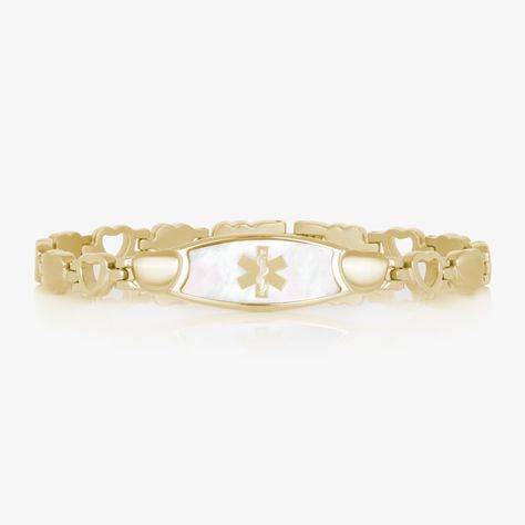 Engravable Medical Alert ID Jewelry for Women | Lauren's Hope Medical Alert Jewelry, Hope Bracelet, Medical Id Bracelets, Pearl Love, Medic Alert Bracelets, Medical Bracelet, Pearl Inlay, Medical Alert, Gold Bead Bracelets