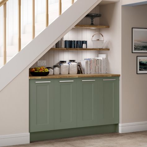 Under Stair Kitchen Ideas, Kitchen Cupboard Under Stairs, Understairs Kitchen Ideas, Under Stairs Larder, Under Stairs Kitchen Storage, Understairs Kitchen, Under Stairs Kitchen, Stairs Nook, Bar Under Stairs