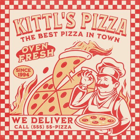 Pizza Party Poster Design, Vintage Pizza Box Design, Pizza Place Logo, Retro Pizza Logo, Pizza Box Design Ideas, Vintage Pizza Logo, Vintage Pizza Poster, Pizza Box Illustration, Retro Pizza Poster