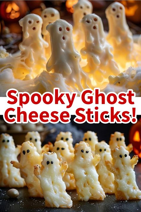 Ghost-shaped cheese sticks arranged on a table with a spooky background. String Cheese Ghost, Cheese Stick Ghosts, Mummy Cheese Sticks, Ghost Themed Snacks, Ghost Cheese Ball, Halloween Mozzarella Sticks, Halloween Cheese Sticks, Easy Halloween Appetizers For Adults, Ghost Appetizers