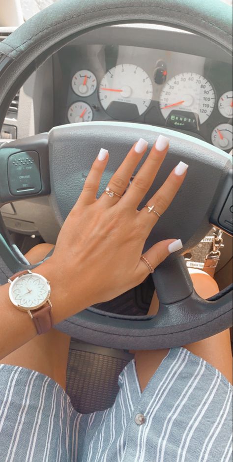 Simple acrylic nails Simple White Square Nails, White On White Short Nails, Short White Square Nails With Designs, Real Short Acrylic Nails Square, White Shirt Square Nails, Regular White Nails, Small White Acrylic Nails, White Full Set Nails, White Square Short Nails