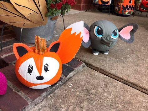 Painted Pumpkins Halloween Fox and Baby Elephant Woodland Animals Painted Fox Pumpkin, Fox Pumpkin Painting, Fox Pumpkin Painted, Jumanji Theme, Pumpkin Painting Funny, Animal Pumpkins, Cow Pumpkin Painting, Fox Pumpkin, Paint Pumpkin