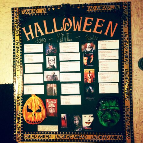 Halloween bulletin board . Scary movie trivia Scary Movie Trivia, Ra College, Holiday Boards, Halloween Bulletin Boards, Dorm Stuff, Movie Trivia, Res Life, Resident Assistant, Halloween Facts