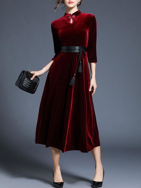 Burgundy Elegant A-line Velvet Cocktail Midi Dress with Belt Vintage Velvet Dress, Sleeved Velvet Dress, Green Shift Dress, Velvet Party Dress, Quarter Sleeve Dress, Red Velvet Dress, Velvet Clothes, Velvet Midi Dress, Velvet Maxi Dress