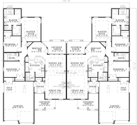 FamilyHomePlans.com | Plan Number 62352 | Order Code 00WEB | 1-800-482-0464 French House Plans, Multigenerational House Plans, Multigenerational House, Duplex Floor Plans, Duplex Plans, French Country House Plans, Duplex House Plans, Duplex House Design, House Plans And More