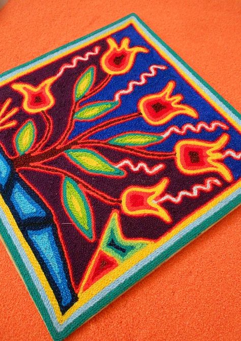 Huichol Art Yarn Painting Nierika / Mexican Folk Art Mexican Yarn Art, Mexican Yarn Painting, Yarn Painting Art, Texas Flowers, Huichol Pattern, Chair Art, Wood Yard Art, Sweet Drawings, Yarn Painting