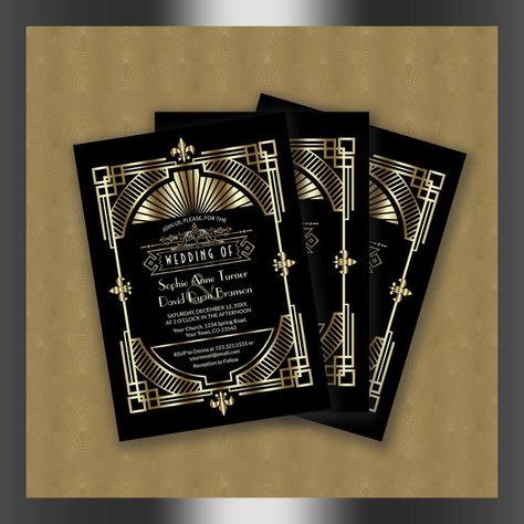 Luxury Gold Black Great Gatsby Roaring 20s Wedding Invitation  Zazzle Gold Art Deco Pattern, Roaring 20s Wedding, Great Gatsby Style, 20s Wedding, Retro Wedding Invitations, Black Gold Wedding, Great Gatsby Wedding, Luxury Invitation, Wedding Anniversary Invitations