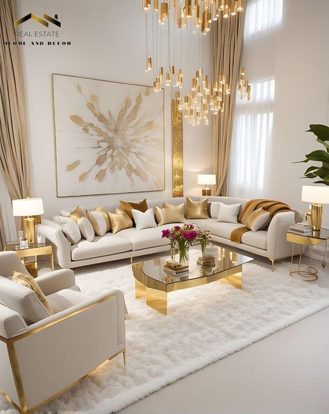 Gold White Interior Design, Golden Sofa Living Room, Classy Living Room, تصميم داخلي فاخر, Elegant Living Room Decor, Rental Business, Gold Living Room, Glam Living Room, Furniture Rental