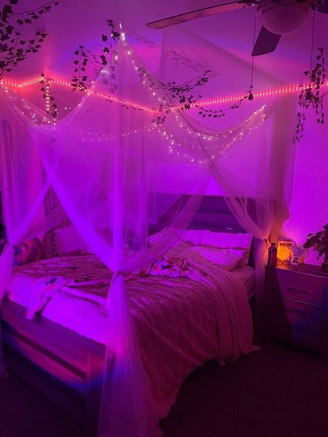 Preppy Rooms With Led Lights, Preppy Room With Canopy Bed, Led Lights Bedroom Canopy Bed, Bedroom Decor Ideas Led Lights, Bedroom Inspirations Hello Kitty, Pink Purple Room Aesthetic, Purple Pink Bedroom Ideas, Purple Led Room Aesthetic, Pink Led Room Aesthetic