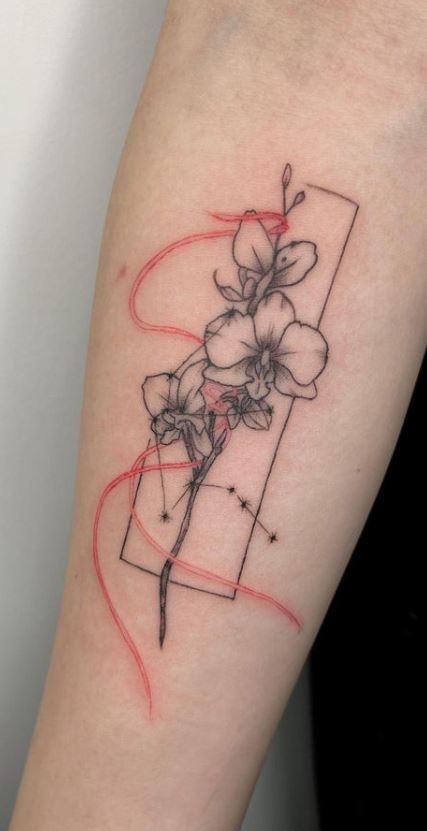 Black And Red Orchid Tattoo, Tattoo Ideas Female Orchid, Orchid Tattoo Ankle, Chinese Orchid Tattoo, Orchid Tattoo Design For Women, Abstract Orchid Tattoo, Orquids Tattoo, Orchid Tattoo Thigh, Orchid Forearm Tattoo