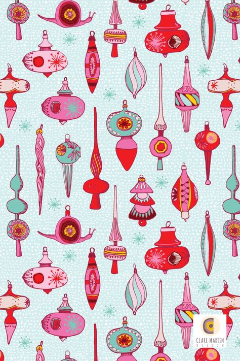 Hand-drawn mid-century inspired Christmas ornaments pattern design in bright red, pink and aqua. Mid Century Christmas Ornaments, Retro Ornaments, Ornament Drawing, Mid Century Christmas, Christmas Ornament Pattern, Designs To Draw, Illustration Design, Pattern Design, Mid Century