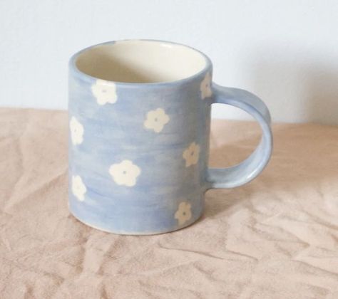 Blue Mugs Aesthetic, Blue Mug, Blue Coffee Mugs, Clay Cup, Blue Cups, Cloud Painting, Aesthetic Painting, White Aesthetic, Pottery Mugs