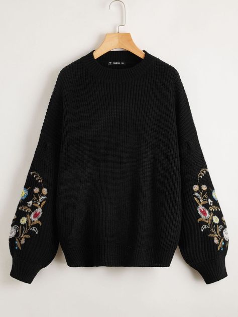 Shoulder Embroidery, Sweat Noir, Floral Jumper, Floral Pullover, Embroidery Sweater, Latest Sweater, Oversize Casual, Embroidery Floral, Floral Sweater