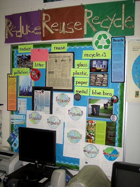 April bulletin board... LOVE THIS ONE!! Classroom Displays Ks2, Recycle Preschool, Environmental Club, Recycling Lessons, Eco School, Eco Club, Science Display, Recycling Activities, Sustainability Education