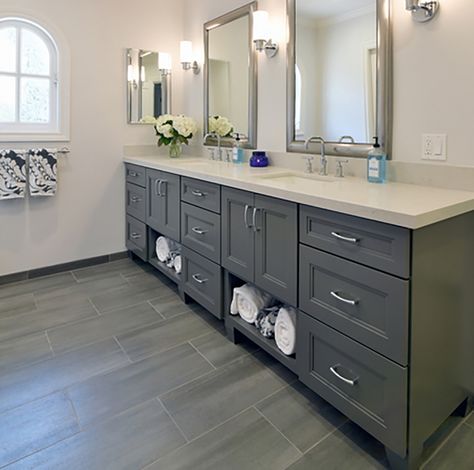 Dura Supreme "Graphite" master bathroom design by Linda Williams of Hahka Kitchens, California. Bathroom Colors With Gray Vanity, Bathroom Dark Grey Vanity, Dark Grey Bathroom Cabinets, Bathroom Cabinet Color Ideas, Grey Cabinets Bathroom, Bathroom Vanity Colors, Grey Bathroom Paint, Popular Grey Paint Colors, Townhome Ideas