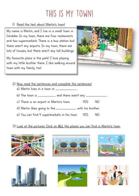 My Town Activities, First Grade Reading Comprehension, Reading Comprehension For Kids, Reading Comprehension Lessons, English Teaching Resources, School Images, Learning English For Kids, Foreign Language Learning, English Fun