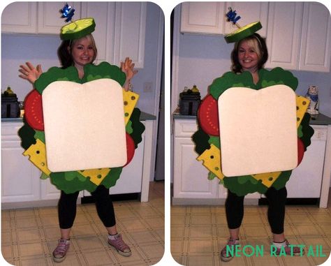 When I said that my DIY Cupcake Costume was only for hardcore Halloween-ers, I may have spoken too soon. This DIY Sandwich Costume takes the... Sandwich Costume Diy, Lunchable Costume, Charcuterie Board Costume, Diy Sandwich Board, Diy Cupcake Costume, Sandwich Costume, Diy Sandwich, Witch Costume Diy, Fancy Dress Costumes Kids