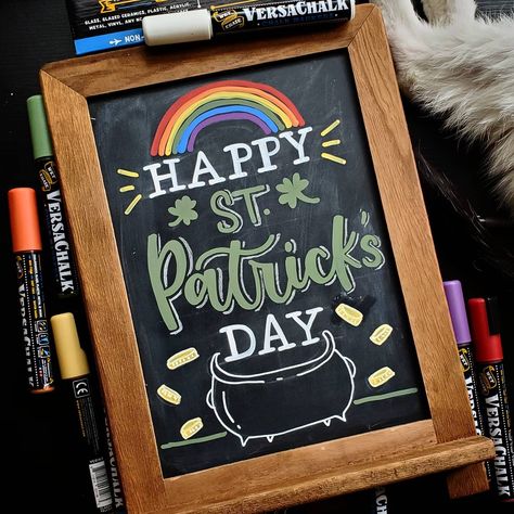 Happy St Patrick's Day! ☘️ Here's a little sign I made while my foster cat, Retro, lounges at the side. Good news is that he'll be staying with us for a while longer! 👉🏻Swipe to see the process video  and a picture of Retro judging my sign. (He wasn't impressed mostly cause I woke him up from his cat nap 😹) . Join the #GetLuckyLettering hosted by @the_letter_salon, @letteringbymhel and me! . Also joining in #letterwithusin2020, #happyletteringchallenge, #charmedletteringchallenge, #juststartl St Patricks Chalkboard Art, St Patricks Chalkboard, Diy Chalkboard Ideas, Bar Chalkboard Ideas, Chalkboard Art Diy, Chalkboard Art Quotes, Chalkboard Wall Art, Chalkboard Calendar, Chalk Sign