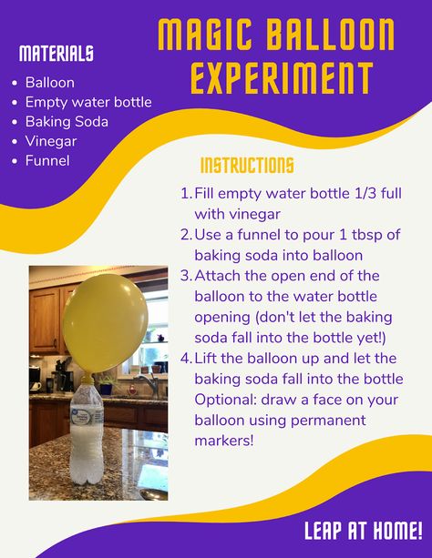 In this activity, participants will use vinegar and baking soda to make a balloon inflate. The science behind this experiment is that mixing vinegar and baking soda makes the gas carbon dioxide – the same gas that we breathe out. This gas will inflate the balloon just like it would if you were blowing into it. Make this a Halloween craft by drawing a ghost face and using a white balloon to make expanding ghost balloons! Yeast Balloon Experiment, Baking Soda Balloon Experiment, Ghost Balloons, Baking Soda Experiments, Balloon Science Experiments, Balloon Experiment, Overnight Acne Remedies, Vinegar And Baking Soda, Steam Activity