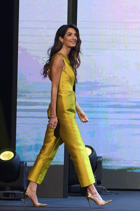 Amal Alamuddin, Gold Jumpsuit, Satin Jumpsuit, Amal Clooney, Yellow Satin, Going For Gold, One Shoulder Jumpsuit, Jumpsuit Summer, George Clooney