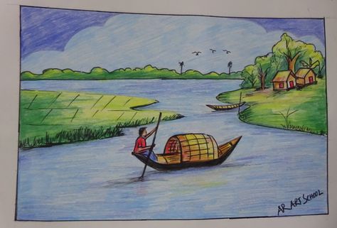 Easy Village Scene Drawing, Boat Scenery Drawing, Boat On Water Drawing, Boat Scenery, Fishing Scenery Drawing, Boat In The Ocean Drawing, Ar Art, Village Scenery, Scenery Drawing