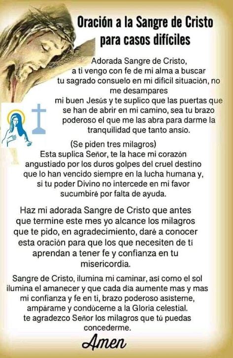 Oracion A La Sangre De Cristo | Oración Para Casos En 2021 Praying The Rosary Catholic, Rosary Prayers Catholic, Catholic Prayers Daily, Spanish Prayers, Prayers Of Encouragement, Prayer For Love, Novena Prayers, Spanish Inspirational Quotes, Spiritual Prayers