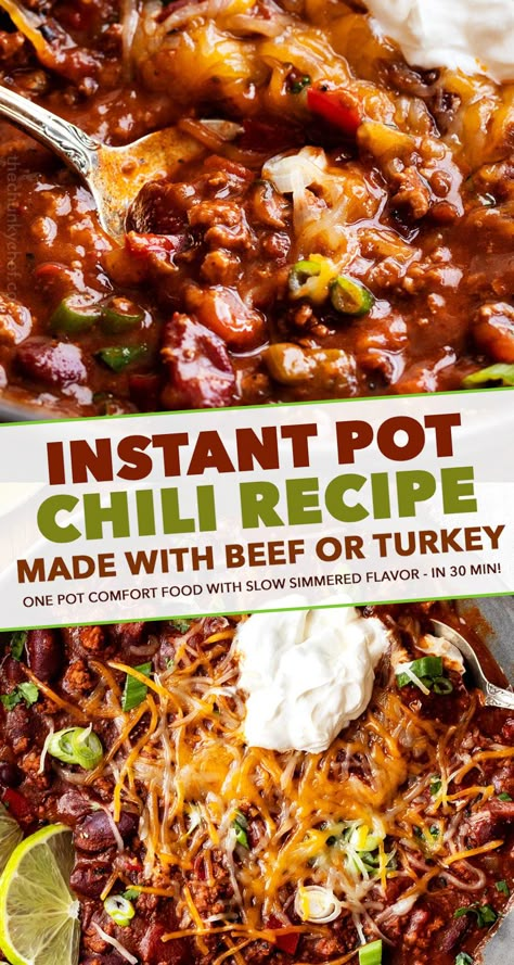 Rich hearty chili, made with beef or turkey!  Since it's made in the Instant Pot, it tastes like it simmered for hours - yet it's ready in 40 minutes! #instantpot #pressurecooker #chili #chilirecipe #beef #turkey #comfortfood #dinner #easyrecipe #beans Instant Pot Chili Recipe, Pressure Cooker Chili, Instant Pot Breakfast Recipes, Instant Pot Beef Recipes, Delicious Chili Recipe, Instant Pot Chili, Delicious Instant Pot Recipes, Instant Pot Breakfast, Chunky Chef