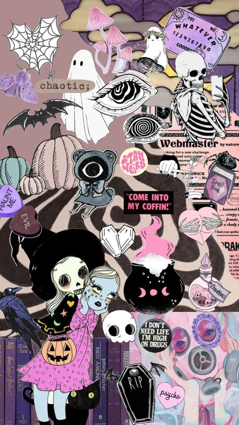 Pastel Halloween #pastel #spooky #halloweenaesthetic #spookyaesthetic Pastel Grunge Aesthetic, Pastel Spooky, Pasteles Halloween, Halloween Wallpaper Iphone Backgrounds, Cholo Art, Halloween Wallpaper Cute, Aesthetic Goth, Pastel Halloween, Image Collage