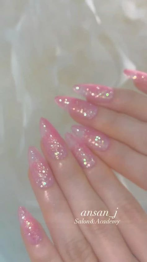 Sparkly Heart Nails, Acrylic Nails Butterfly, Nails Butterfly, Pink Glitter Nails, Asian Nails, Girly Acrylic Nails, Blush Nails, Waste Of Time, Pretty Gel Nails