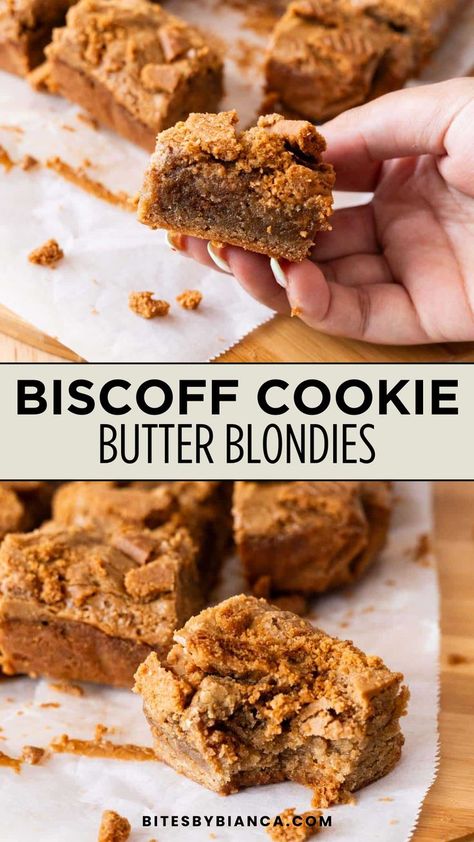 Simple and delicious Biscoff Cookie Butter Blondies! Perfect for a cozy fall gathering or a sweet treat for one or two, these are the best Biscoff blondies. This easy, one-bowl recipe brings together warming spices like cinnamon, nutmeg, and cloves, with melted cookie butter and crushed Biscoff cookies for a rich, chewy dessert bar. The blondie batter mixes up quickly and bakes to perfection, delivering sweet, spiced flavors in every bite. These blondies are sure to become a new fall favorite! Cookie Recipes Fall, Bar Dessert Recipes, Cookie Butter Blondies, Biscoff Blondies, Biscoff Cookie Recipe, Unique Recipes Desserts, Best Vegan Cookies, Biscoff Recipes, Easy Holiday Desserts