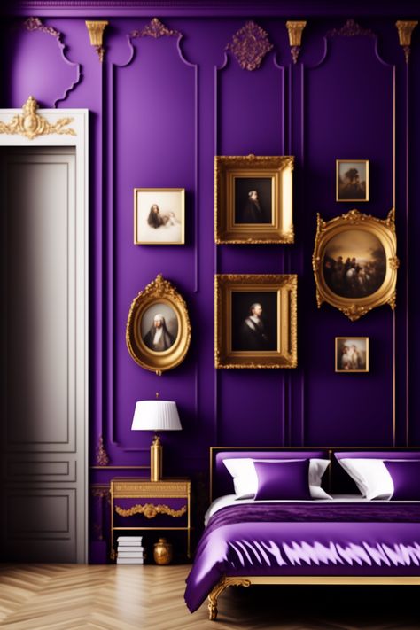 a bedroom with purple walls and lots of pictures on the walls Marble Bathroom Shower Tile, Purple House Interior Ideas, Light Purple Bedroom, Dark Purple Bedroom, Purple And Gold Bedroom, Purple Wall Paint, Purple Accent Wall, Purple Interior Design, Purple Art Deco